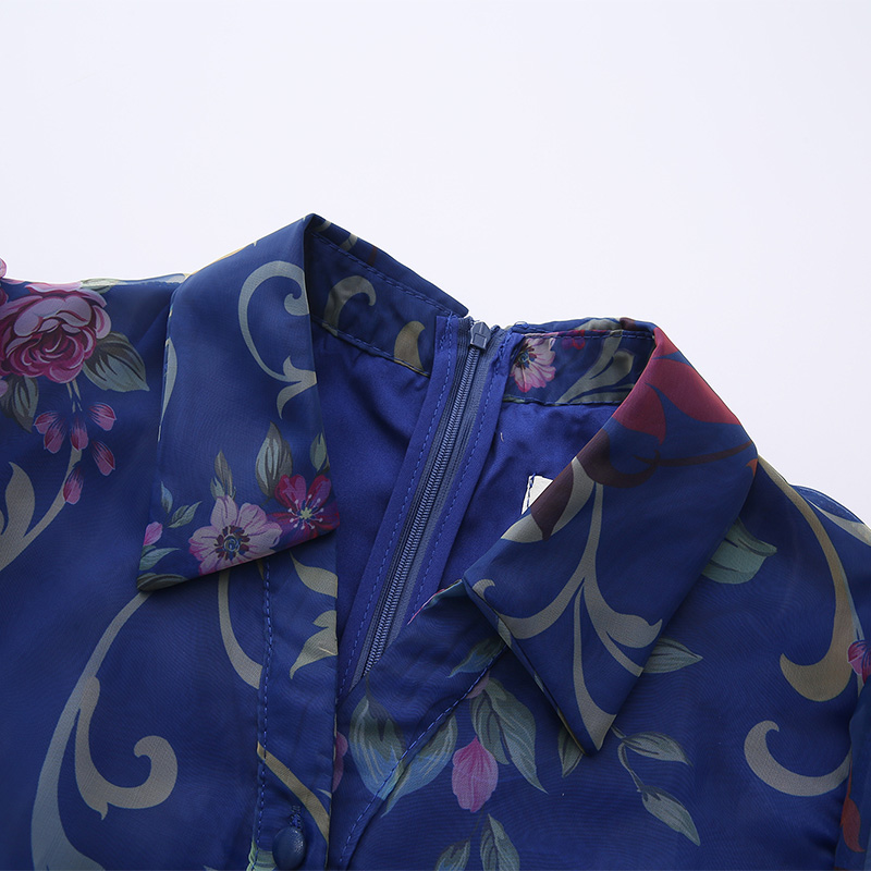 Short sleeve retro spring classical printing lapel dress