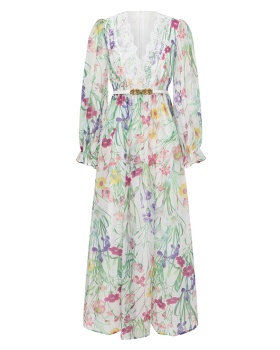 Lace V-neck trumpet sleeves splice printing dress