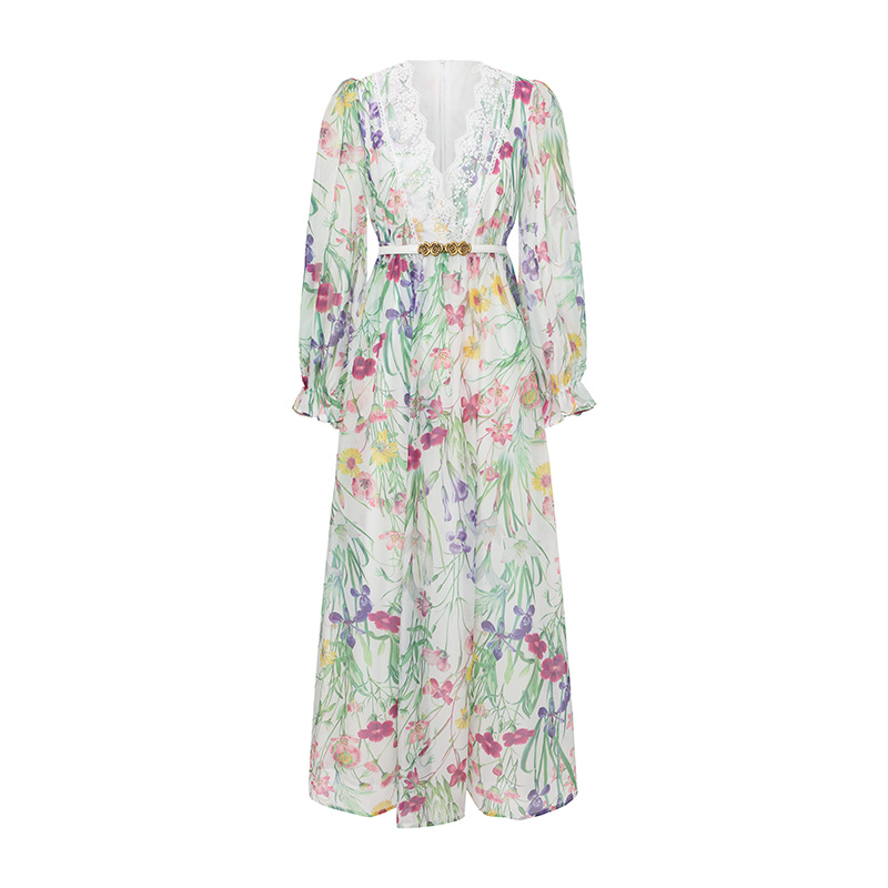 Lace V-neck trumpet sleeves splice printing dress