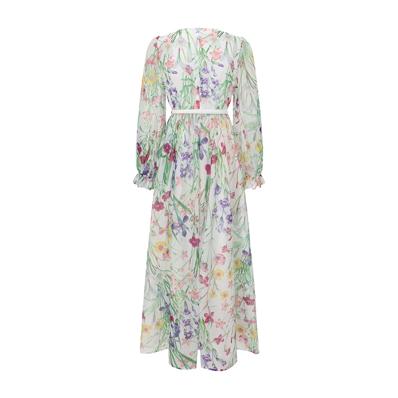 Lace V-neck trumpet sleeves splice printing dress