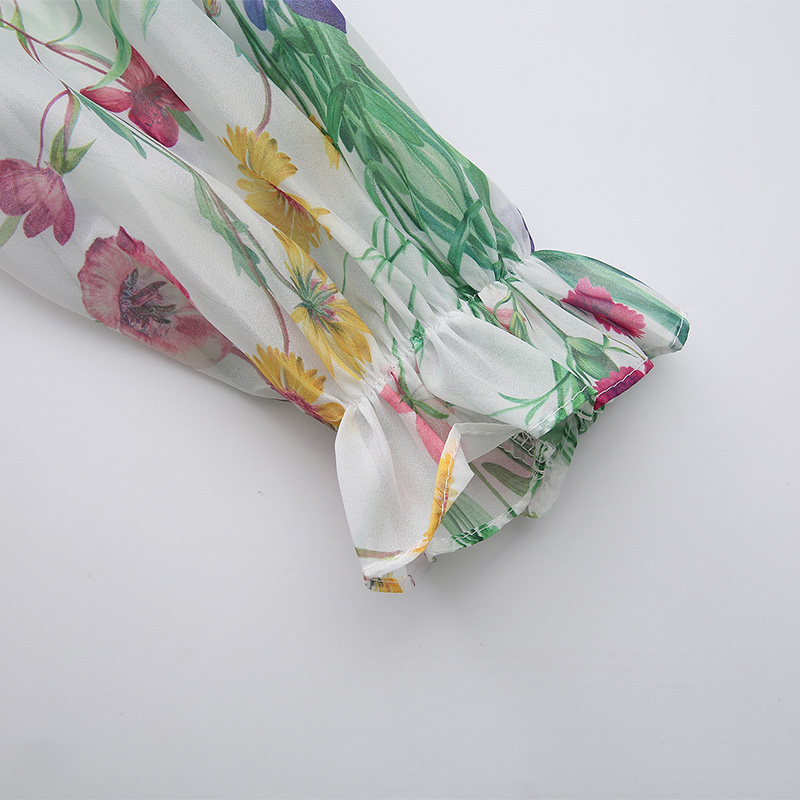 Lace V-neck trumpet sleeves splice printing dress