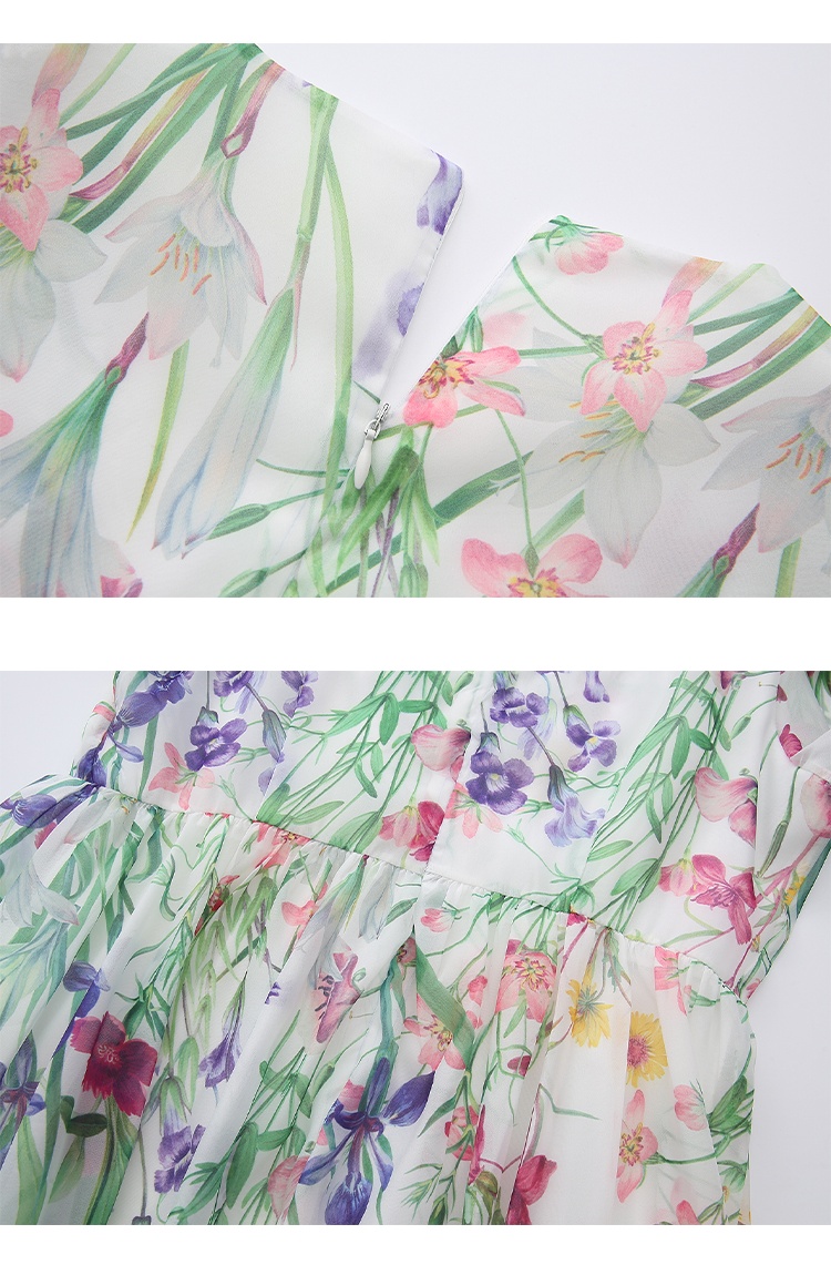 Lace V-neck trumpet sleeves splice printing dress