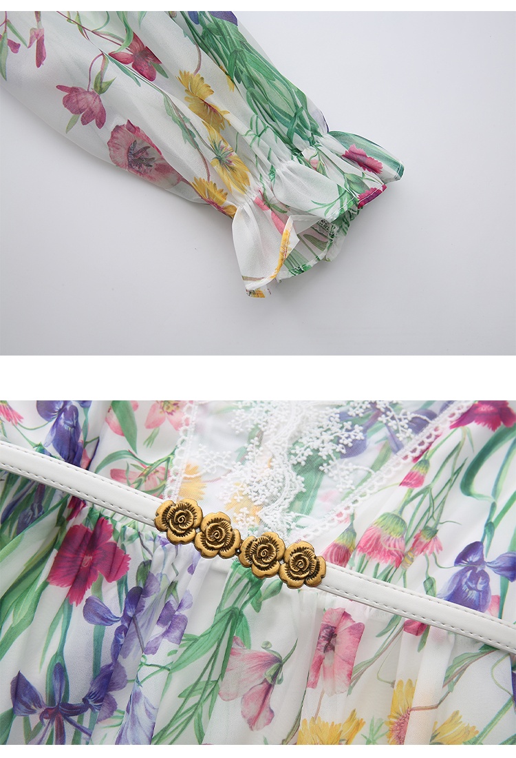 Lace V-neck trumpet sleeves splice printing dress