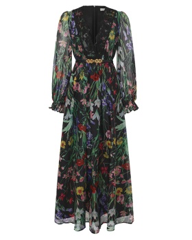 Vacation lace printing trumpet sleeves V-neck dress