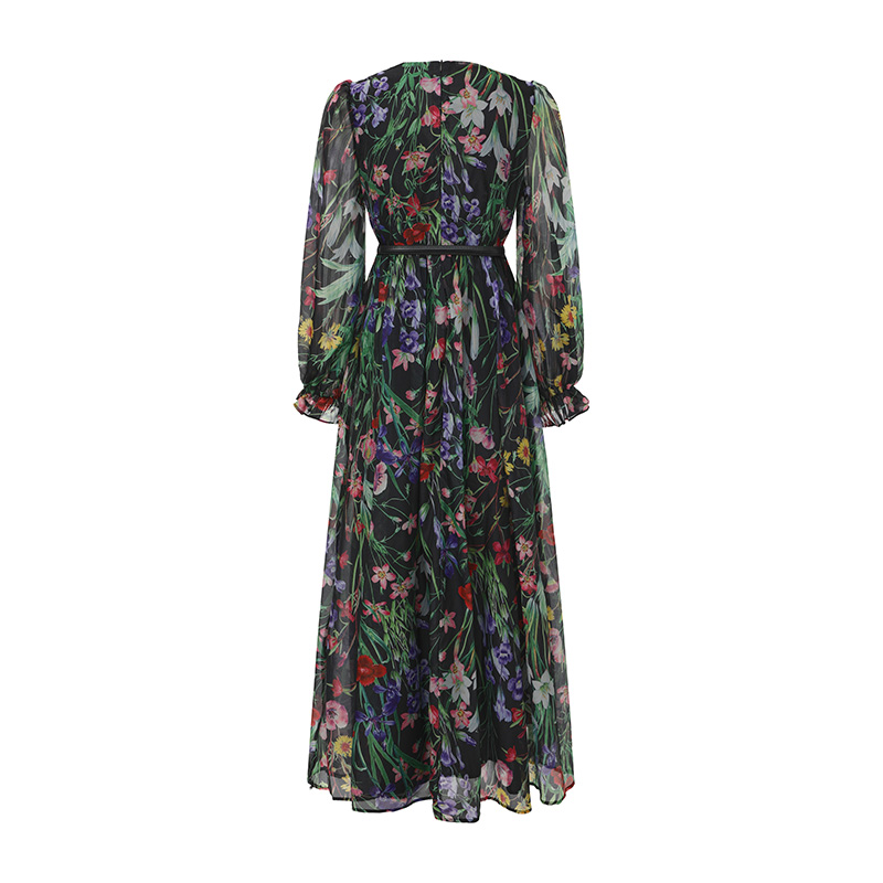 Vacation lace printing trumpet sleeves V-neck dress