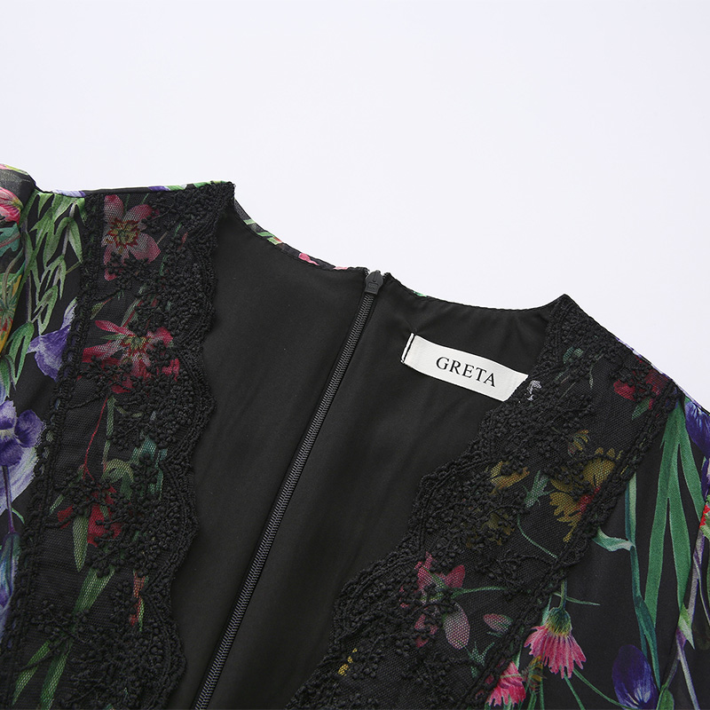 Vacation lace printing trumpet sleeves V-neck dress