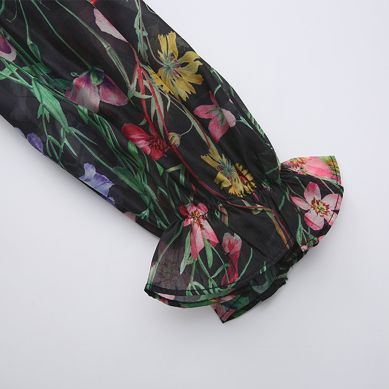 Vacation lace printing trumpet sleeves V-neck dress