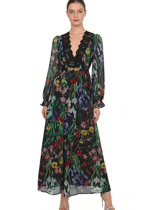 Vacation lace printing trumpet sleeves V-neck dress