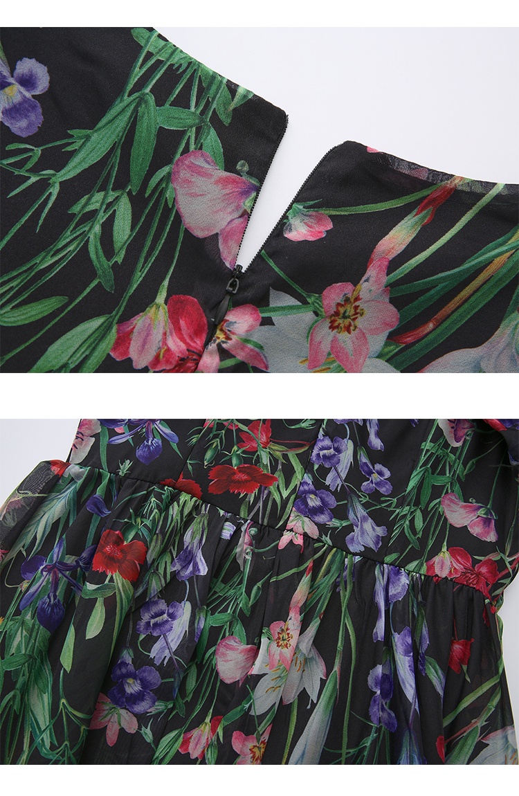 Vacation lace printing trumpet sleeves V-neck dress