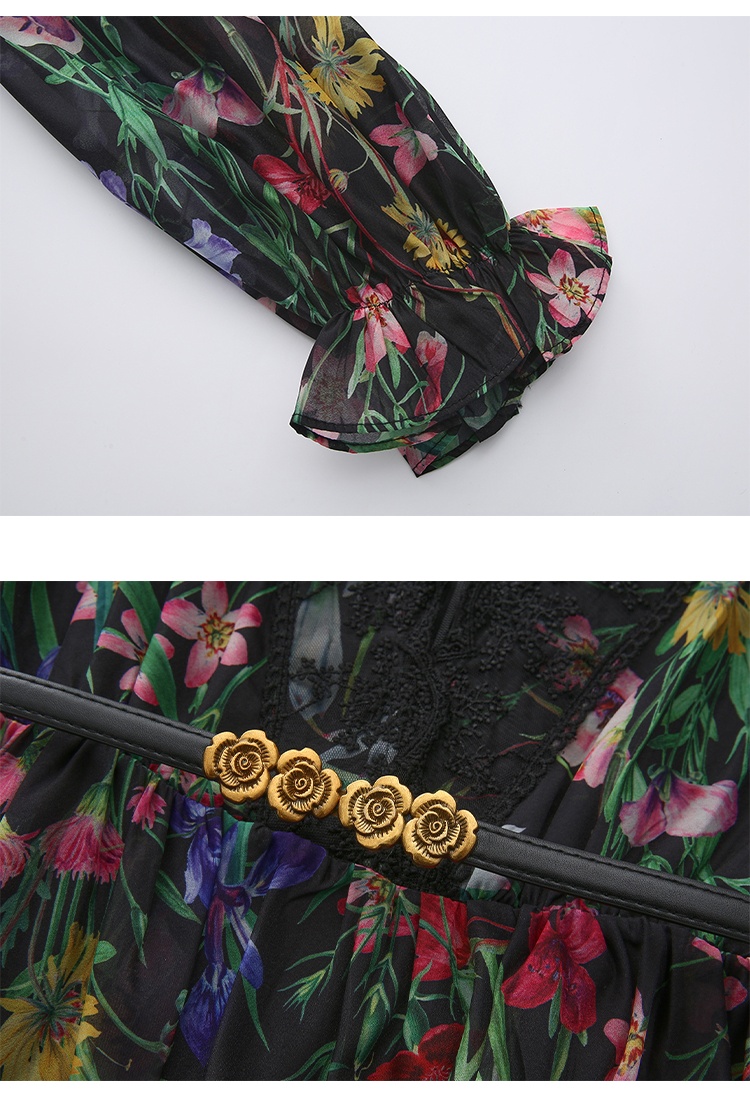 Vacation lace printing trumpet sleeves V-neck dress