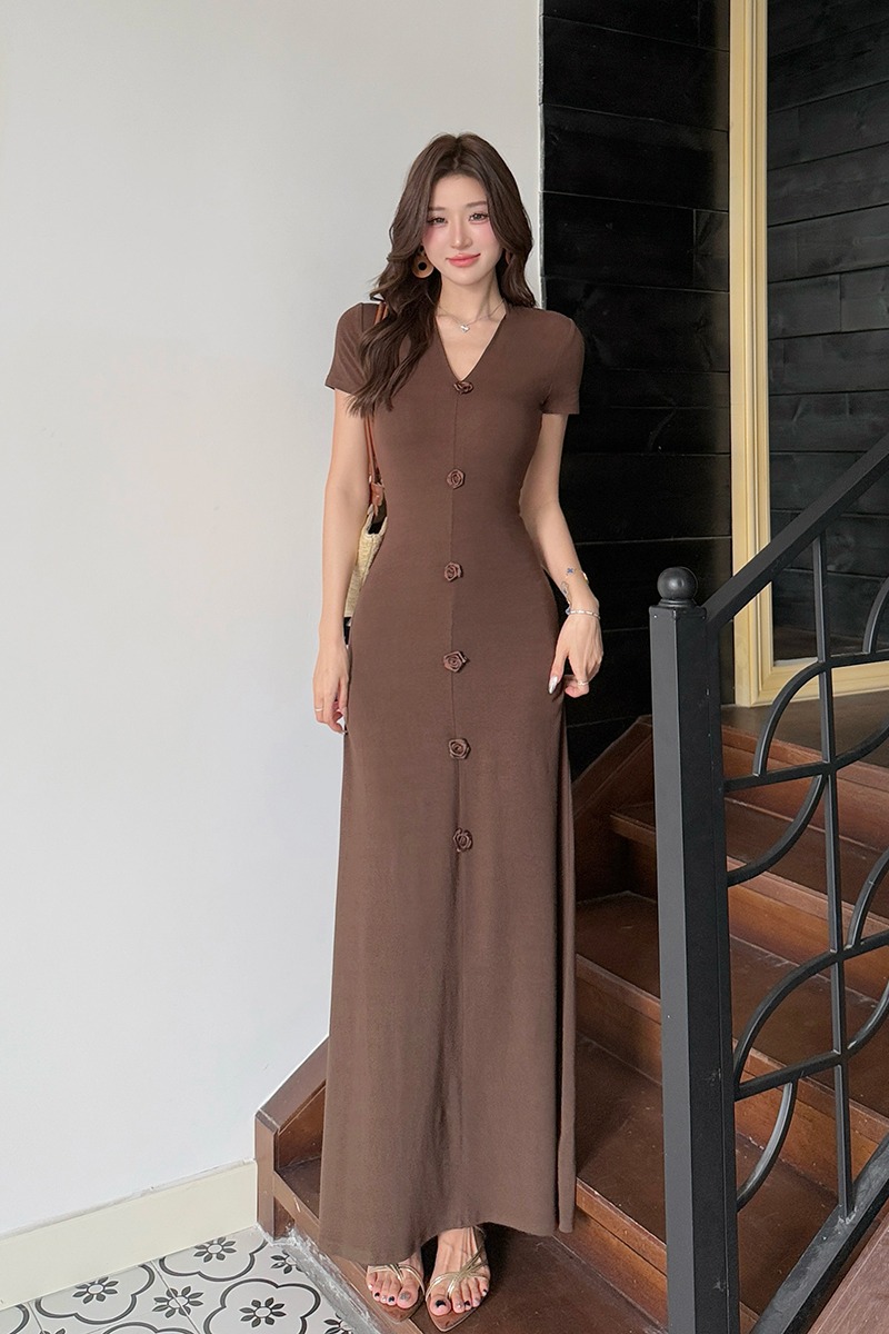 Short sleeve flowers long dress temperament dress