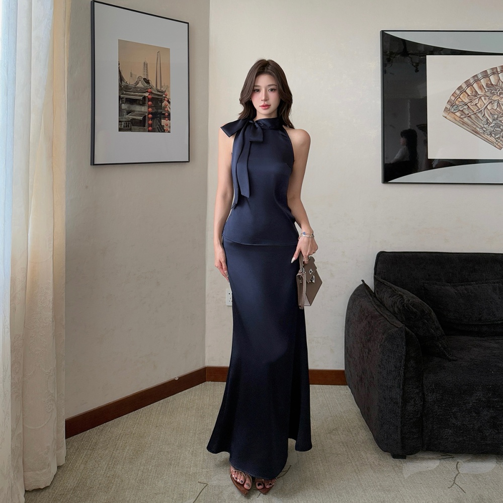 High waist satin short skirt package hip tops 2pcs set