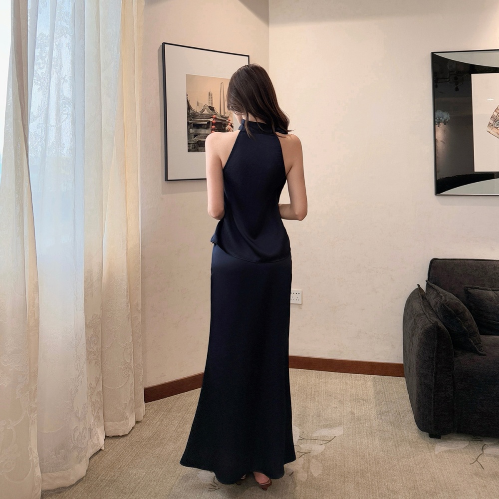 High waist satin short skirt package hip tops 2pcs set