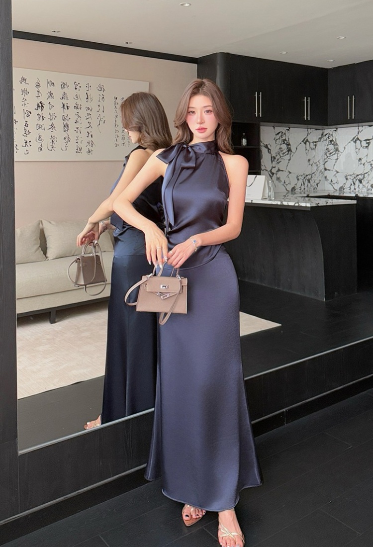 High waist satin short skirt package hip tops 2pcs set