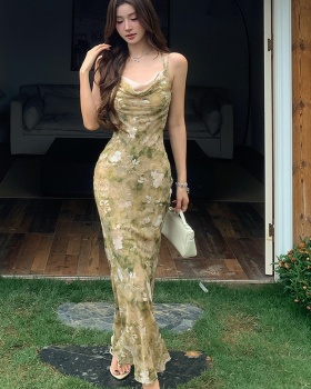 Chinese style package hip long dress sling drape dress