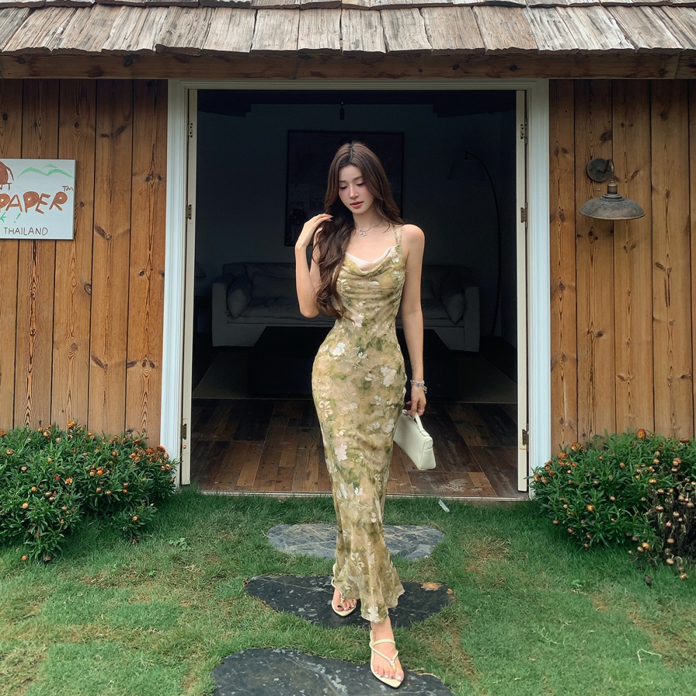 Chinese style package hip long dress sling drape dress