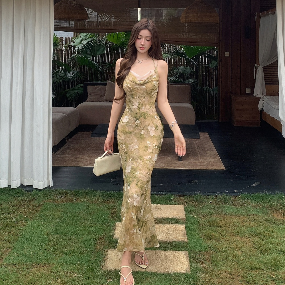 Chinese style package hip long dress sling drape dress