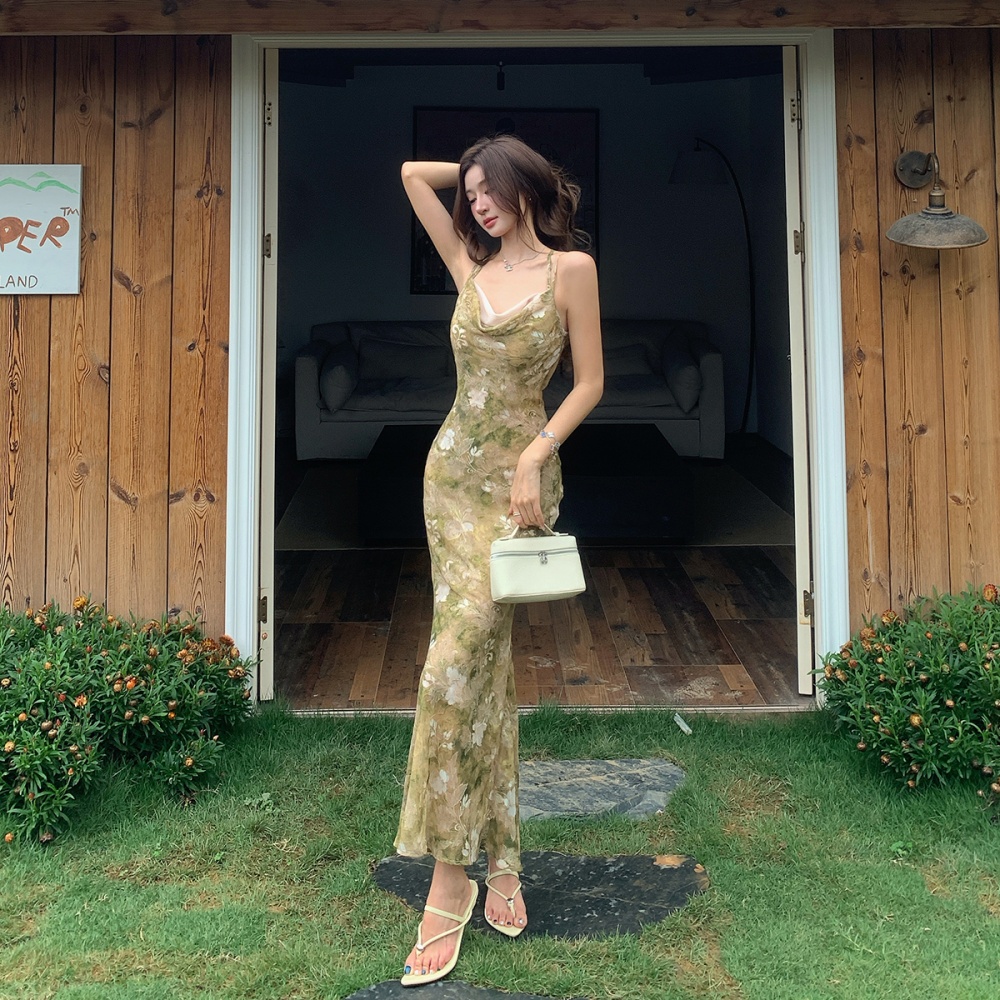 Chinese style package hip long dress sling drape dress