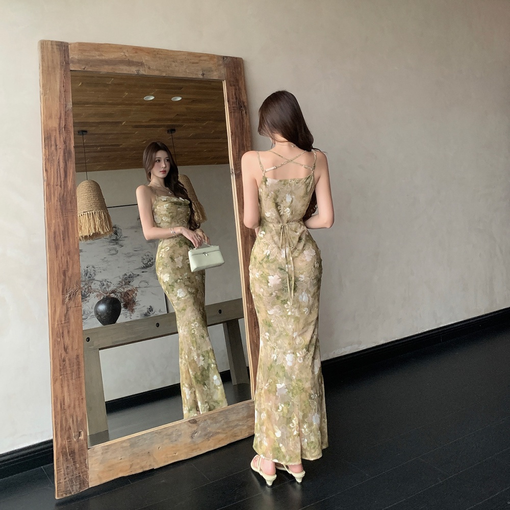 Chinese style package hip long dress sling drape dress