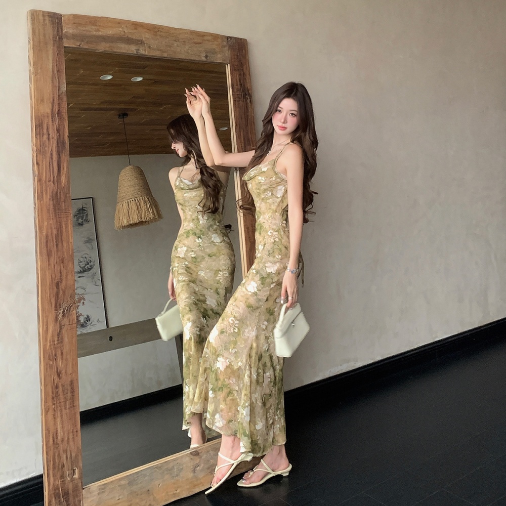 Chinese style package hip long dress sling drape dress