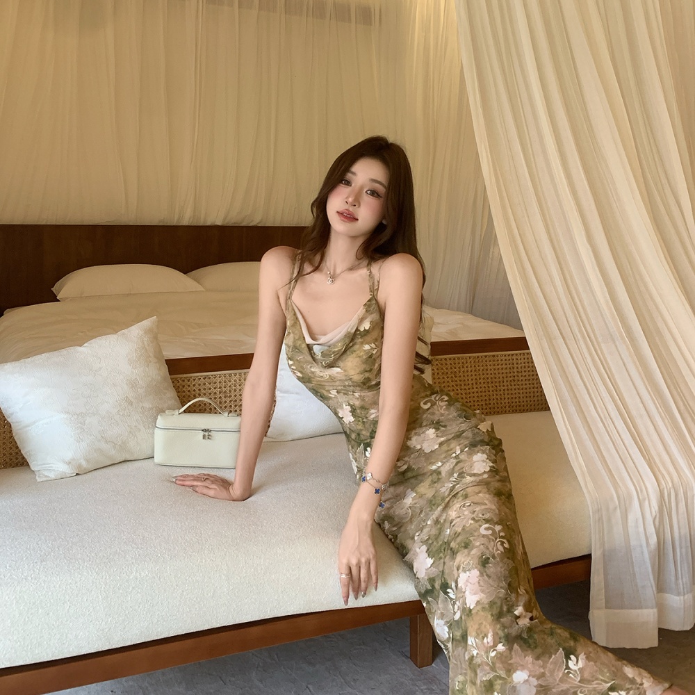 Chinese style package hip long dress sling drape dress