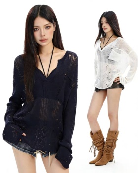 Knitted slim V-neck tops Casual lazy simple smock for women