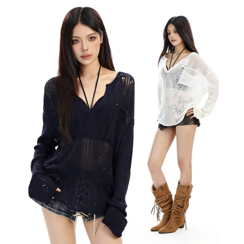 Knitted slim V-neck tops Casual lazy simple smock for women