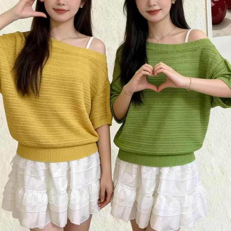 Loose summer sloping shoulder tops irregular fresh smock