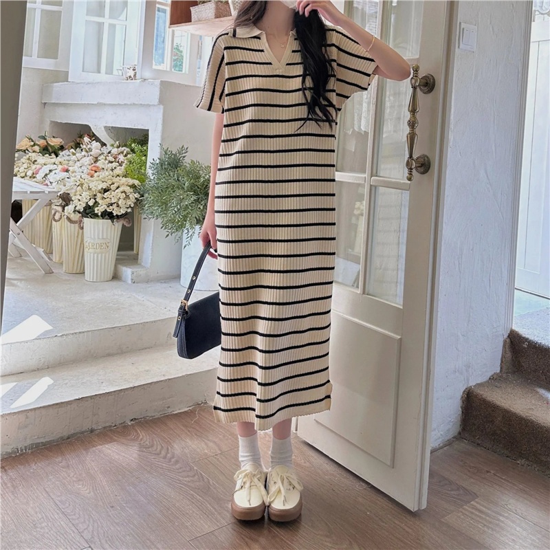 Knitted summer T-shirt Korean style slim long dress for women