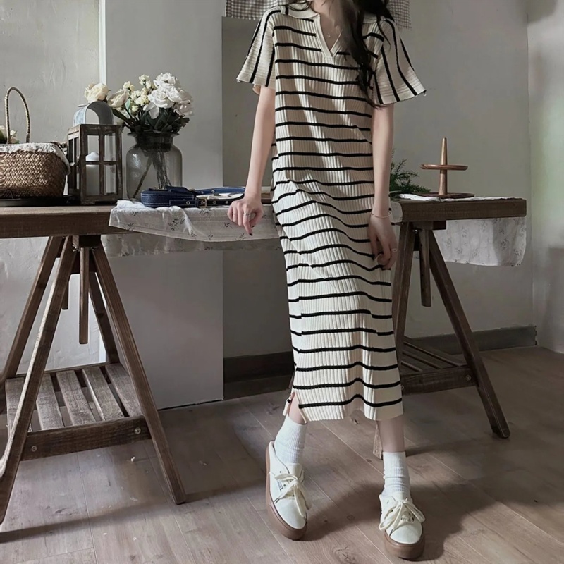 Knitted summer T-shirt Korean style slim long dress for women