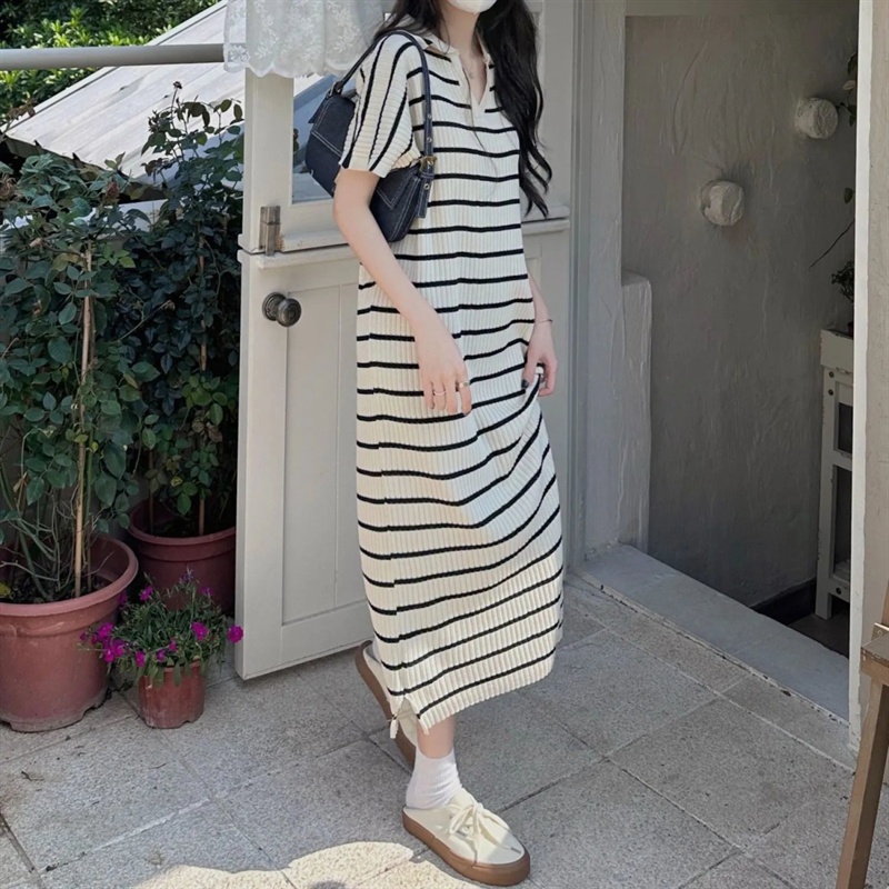 Knitted summer T-shirt Korean style slim long dress for women