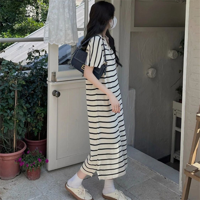 Knitted summer T-shirt Korean style slim long dress for women