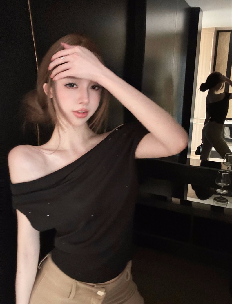 Flat shoulder summer tops lazy rhinestone T-shirt