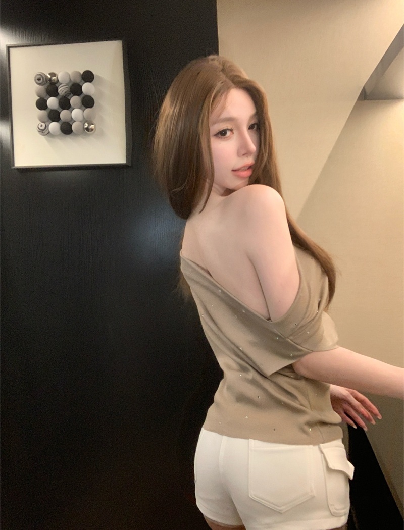 Flat shoulder summer tops lazy rhinestone T-shirt