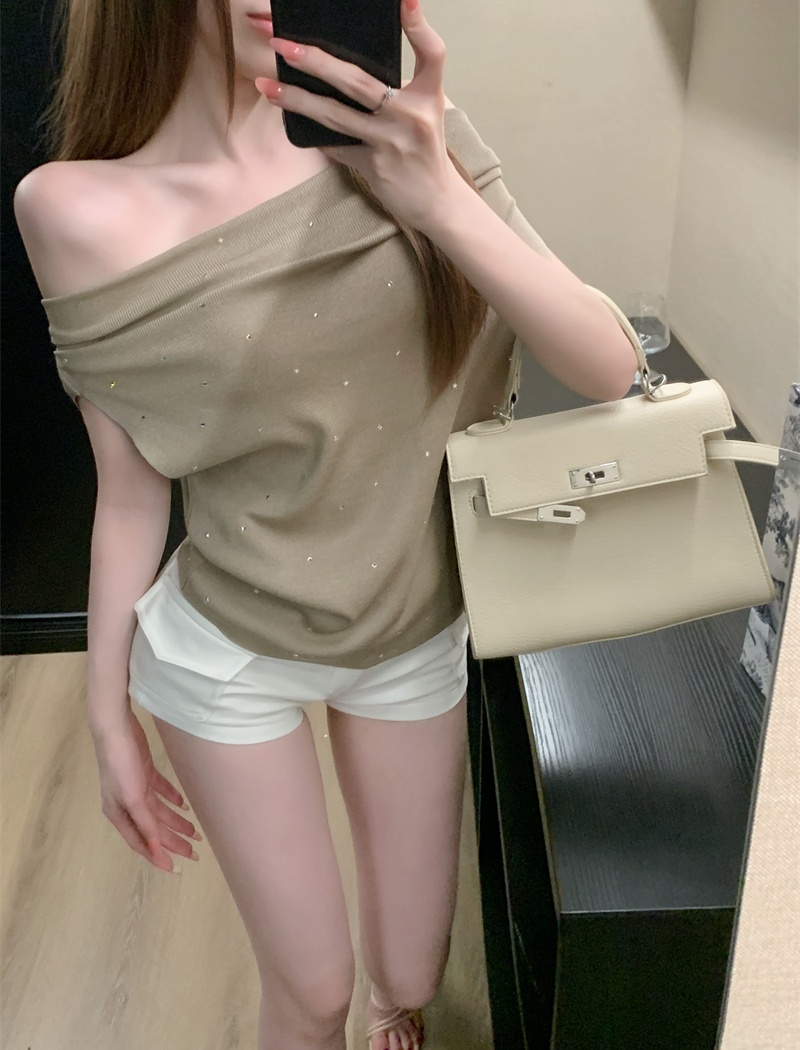 Flat shoulder summer tops lazy rhinestone T-shirt