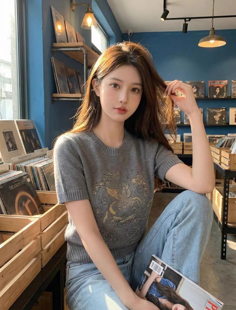 Short sleeve summer T-shirt unique embroidery tops for women