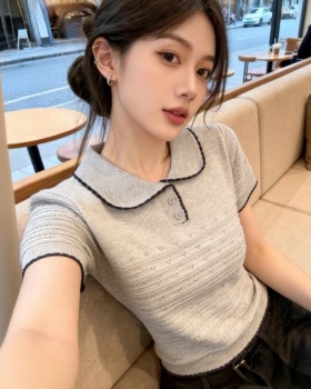 Lapel short sleeve tops France style sweater