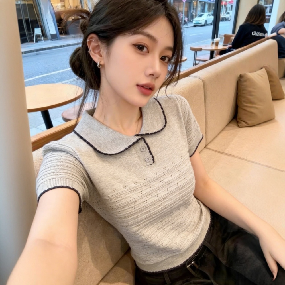 Lapel short sleeve tops France style sweater