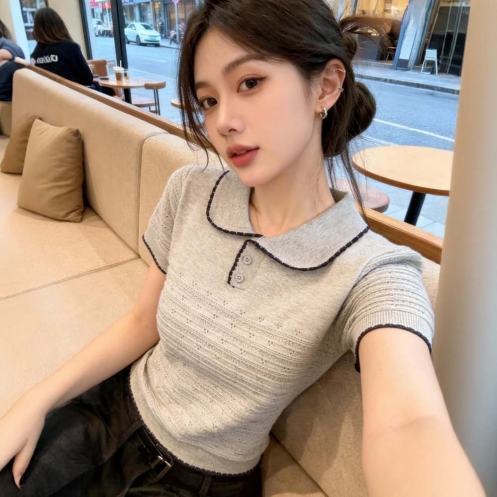Lapel short sleeve tops France style sweater