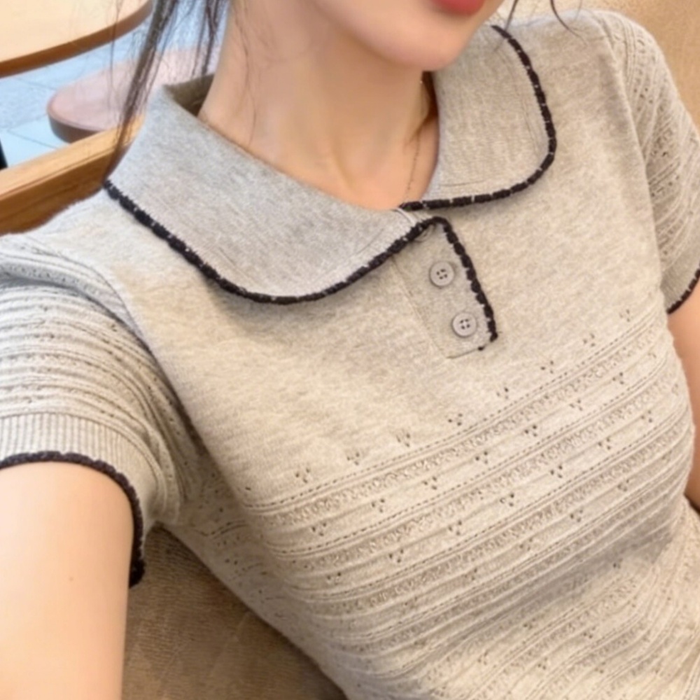 Lapel short sleeve tops France style sweater