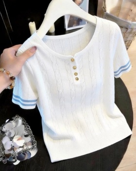 Round neck twist ice silk tops loose stripe T-shirt for women