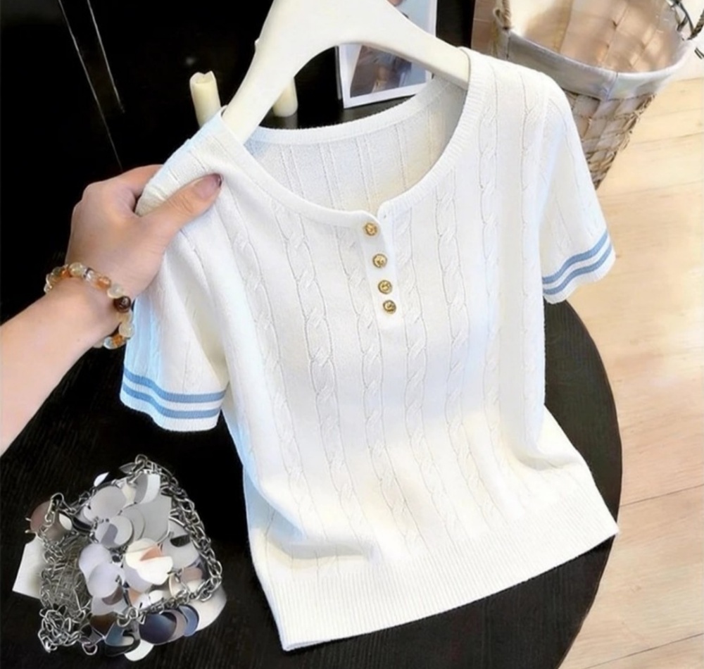 Round neck twist ice silk tops loose stripe T-shirt for women