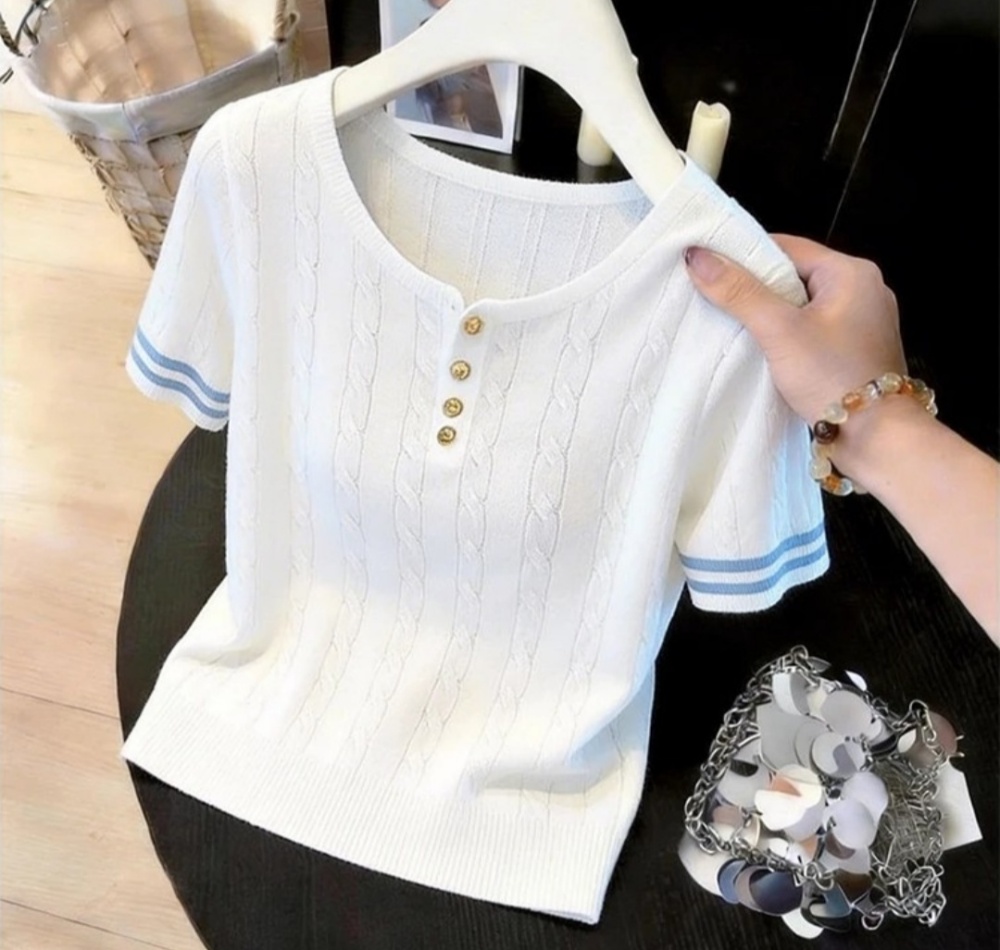 Round neck twist ice silk tops loose stripe T-shirt for women