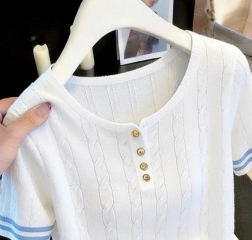 Round neck twist ice silk tops loose stripe T-shirt for women