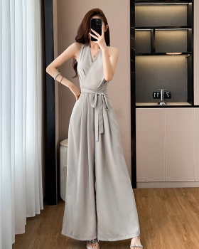 Casual summer jumpsuit pinched waist wide leg pants for women