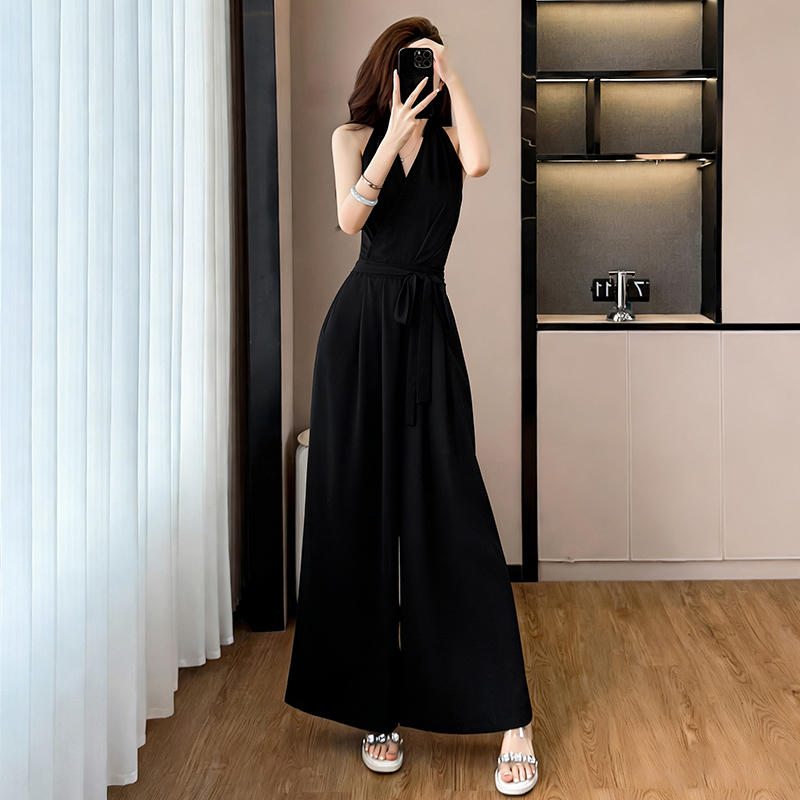 Casual summer jumpsuit pinched waist wide leg pants for women
