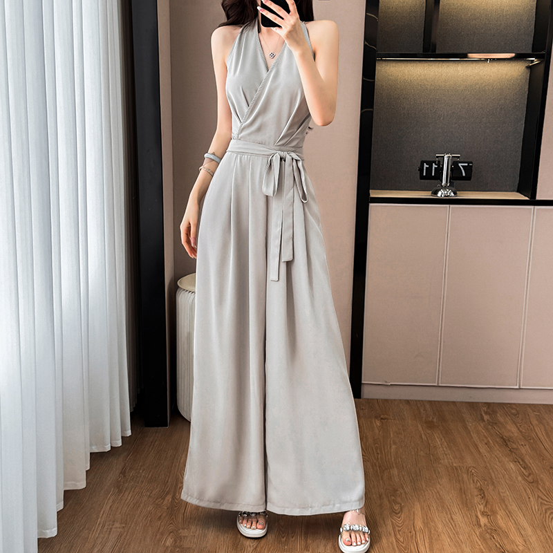 Casual summer jumpsuit pinched waist wide leg pants for women