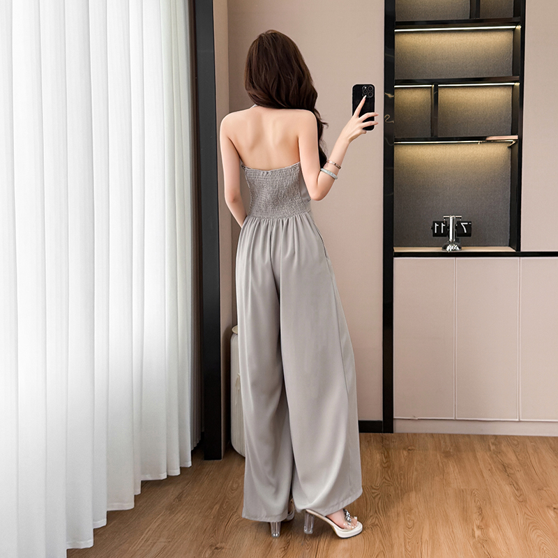 Casual summer jumpsuit pinched waist wide leg pants for women