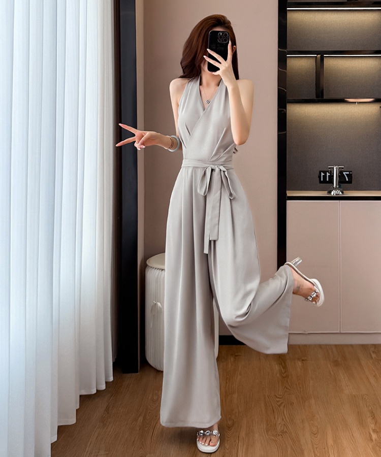 Casual summer jumpsuit pinched waist wide leg pants for women