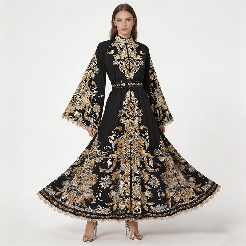 Printing splice national style long vacation dress